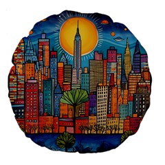 City New York Nyc Skyscraper Skyline Downtown Night Business Urban Travel Landmark Building Architec Large 18  Premium Flano Round Cushions by Posterlux