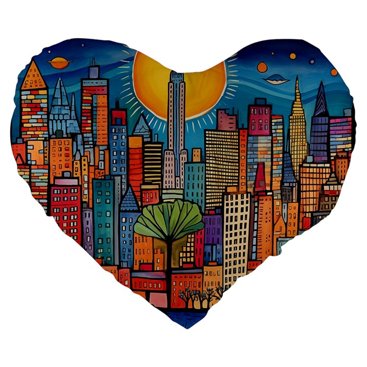 City New York Nyc Skyscraper Skyline Downtown Night Business Urban Travel Landmark Building Architec Large 19  Premium Flano Heart Shape Cushions