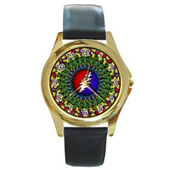 Grateful Dead Bear Pattern Round Gold Metal Watch