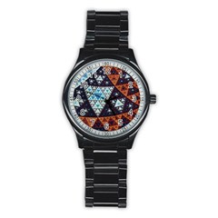 Fractal Triangle Geometric Abstract Pattern Stainless Steel Round Watch by Cemarart