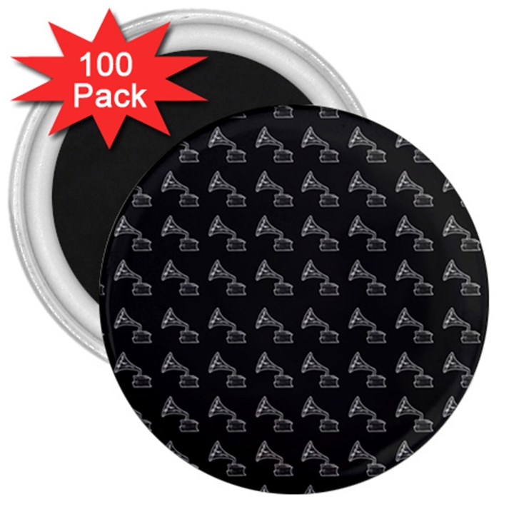 Vintage Turntable Graphic Motif Seamless Pattern Black Backgrond 3  Magnets (100 pack)