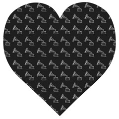 Vintage Turntable Graphic Motif Seamless Pattern Black Backgrond Wooden Puzzle Heart by dflcprintsclothing