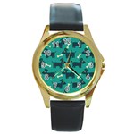 Happy Dogs Animals Pattern Round Gold Metal Watch Front