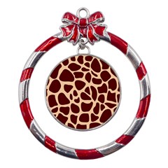 Animal Print Girraf Patterns Metal Red Ribbon Round Ornament