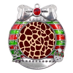 Animal Print Girraf Patterns Metal X mas Ribbon With Red Crystal Round Ornament by Ket1n9