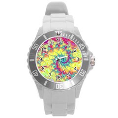 Fractal Spiral Abstract Background Vortex Yellow Round Plastic Sport Watch (l) by Ket1n9