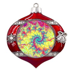 Fractal Spiral Abstract Background Vortex Yellow Metal Snowflake And Bell Red Ornament by Ket1n9