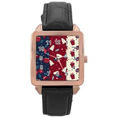 Flat Design Christmas Pattern Collection Art Rose Gold Leather Watch 