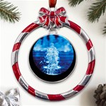 Water Blue Wallpaper Metal Red Ribbon Round Ornament Front