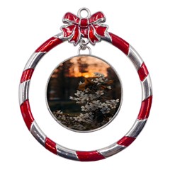 White Flower Metal Red Ribbon Round Ornament by Azkajaya