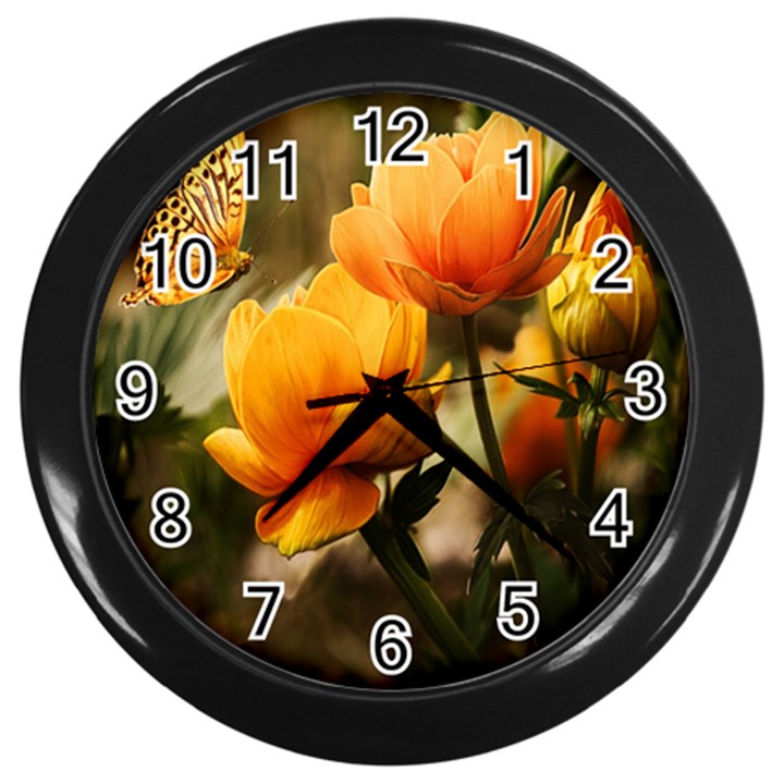 Yellow Butterfly Flower Wall Clock (Black)