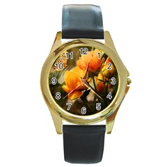 Yellow Butterfly Flower Round Gold Metal Watch by Azkajaya