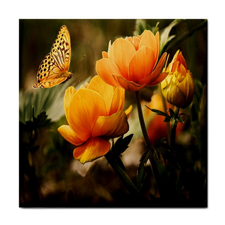 Yellow Butterfly Flower Tile Coaster