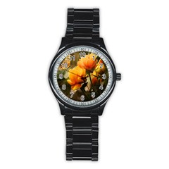 Yellow Butterfly Flower Stainless Steel Round Watch by Azkajaya