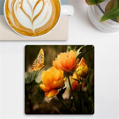 Yellow Butterfly Flower Uv Print Square Tile Coaster  by Azkajaya