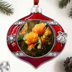 Yellow Butterfly Flower Metal Snowflake And Bell Red Ornament by Azkajaya