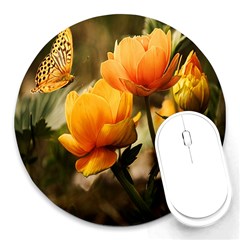 Yellow Butterfly Flower Round Mousepad by Azkajaya