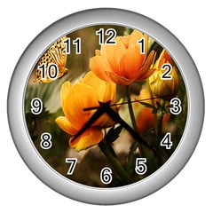 Yellow Butterfly Flower Wall Clock (silver) by Azkajaya