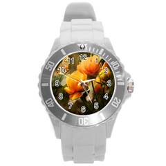 Yellow Butterfly Flower Round Plastic Sport Watch (l) by Azkajaya