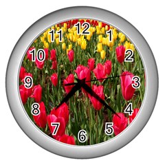 Yellow Pink Red Flowers Wall Clock (silver) by Azkajaya