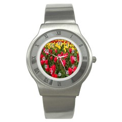 Yellow Pink Red Flowers Stainless Steel Watch by Azkajaya