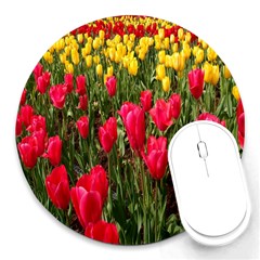 Yellow Pink Red Flowers Round Mousepad by Azkajaya