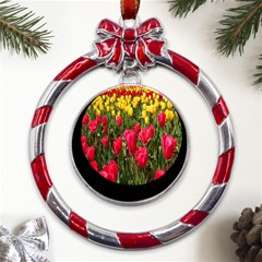 Yellow Pink Red Flowers Metal Red Ribbon Round Ornament by Azkajaya