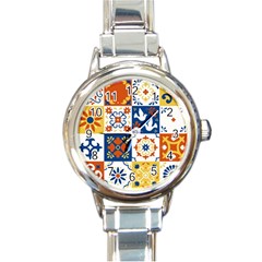 Mexican Talavera Pattern Ceramic Tiles With Flower Leaves Bird Ornaments Traditional Majolica Style Round Italian Charm Watch by Ket1n9