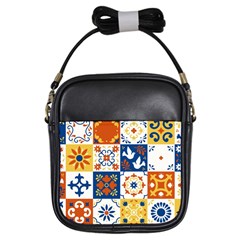 Mexican Talavera Pattern Ceramic Tiles With Flower Leaves Bird Ornaments Traditional Majolica Style Girls Sling Bag by Ket1n9