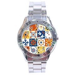 Mexican Talavera Pattern Ceramic Tiles With Flower Leaves Bird Ornaments Traditional Majolica Style Stainless Steel Analogue Watch by Ket1n9