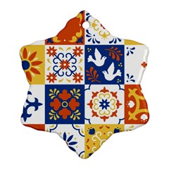 Mexican Talavera Pattern Ceramic Tiles With Flower Leaves Bird Ornaments Traditional Majolica Style Snowflake Ornament (two Sides) by Ket1n9