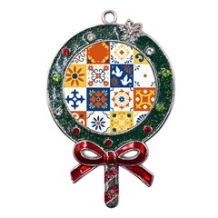 Mexican Talavera Pattern Ceramic Tiles With Flower Leaves Bird Ornaments Traditional Majolica Style Metal X mas Lollipop With Crystal Ornament by Ket1n9