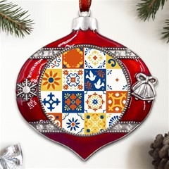 Mexican Talavera Pattern Ceramic Tiles With Flower Leaves Bird Ornaments Traditional Majolica Style Metal Snowflake And Bell Red Ornament by Ket1n9