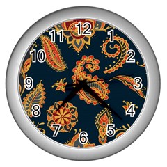 Bright-seamless-pattern-with-paisley-mehndi-elements-hand-drawn-wallpaper-with-floral-traditional-in Wall Clock (silver) by Ket1n9