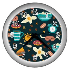 Seamless-pattern-with-breakfast-symbols-morning-coffee Wall Clock (Silver)