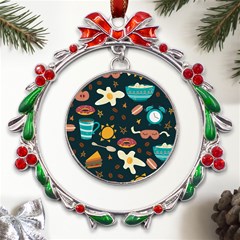 Seamless-pattern-with-breakfast-symbols-morning-coffee Metal X mas Wreath Ribbon Ornament