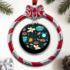 Seamless-pattern-with-breakfast-symbols-morning-coffee Metal Red Ribbon Round Ornament