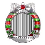 Barcode Pattern Metal X Mas Ribbon With Red Crystal Round Ornament Front