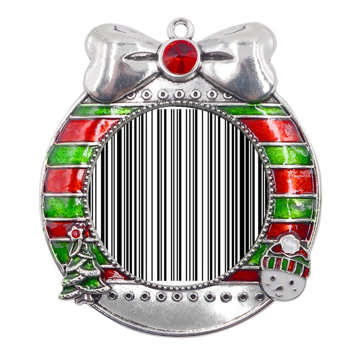 Barcode Pattern Metal X Mas Ribbon With Red Crystal Round Ornament