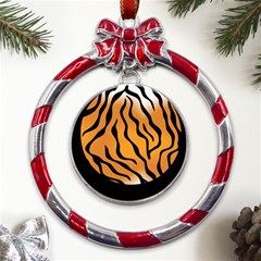 Tiger Skin Pattern Metal Red Ribbon Round Ornament by Ket1n9