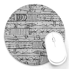 Black And White Hand Drawn Doodles Abstract Pattern Bk Round Mousepad by dflcprintsclothing