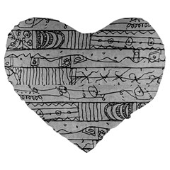 Black And White Hand Drawn Doodles Abstract Pattern Bk Large 19  Premium Flano Heart Shape Cushions by dflcprintsclothing