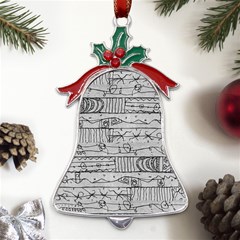 Black And White Hand Drawn Doodles Abstract Pattern Bk Metal Holly Leaf Bell Ornament by dflcprintsclothing