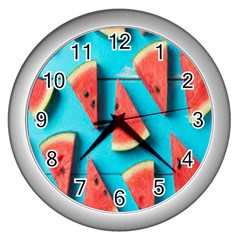 Watermelon Blue Background Wall Clock (silver) by Azkajaya