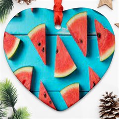 Watermelon Blue Background Heart Ornament (two Sides)