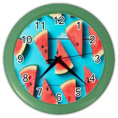 Watermelon Blue Background Color Wall Clock by Azkajaya