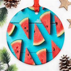 Watermelon Blue Background Round Ornament (two Sides)