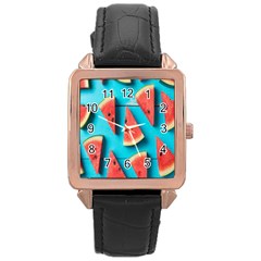 Watermelon Blue Background Rose Gold Leather Watch  by Azkajaya