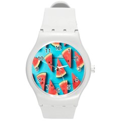 Watermelon Blue Background Round Plastic Sport Watch (m) by Azkajaya