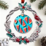 Watermelon Blue Background Metal X mas Wreath Holly leaf Ornament Front